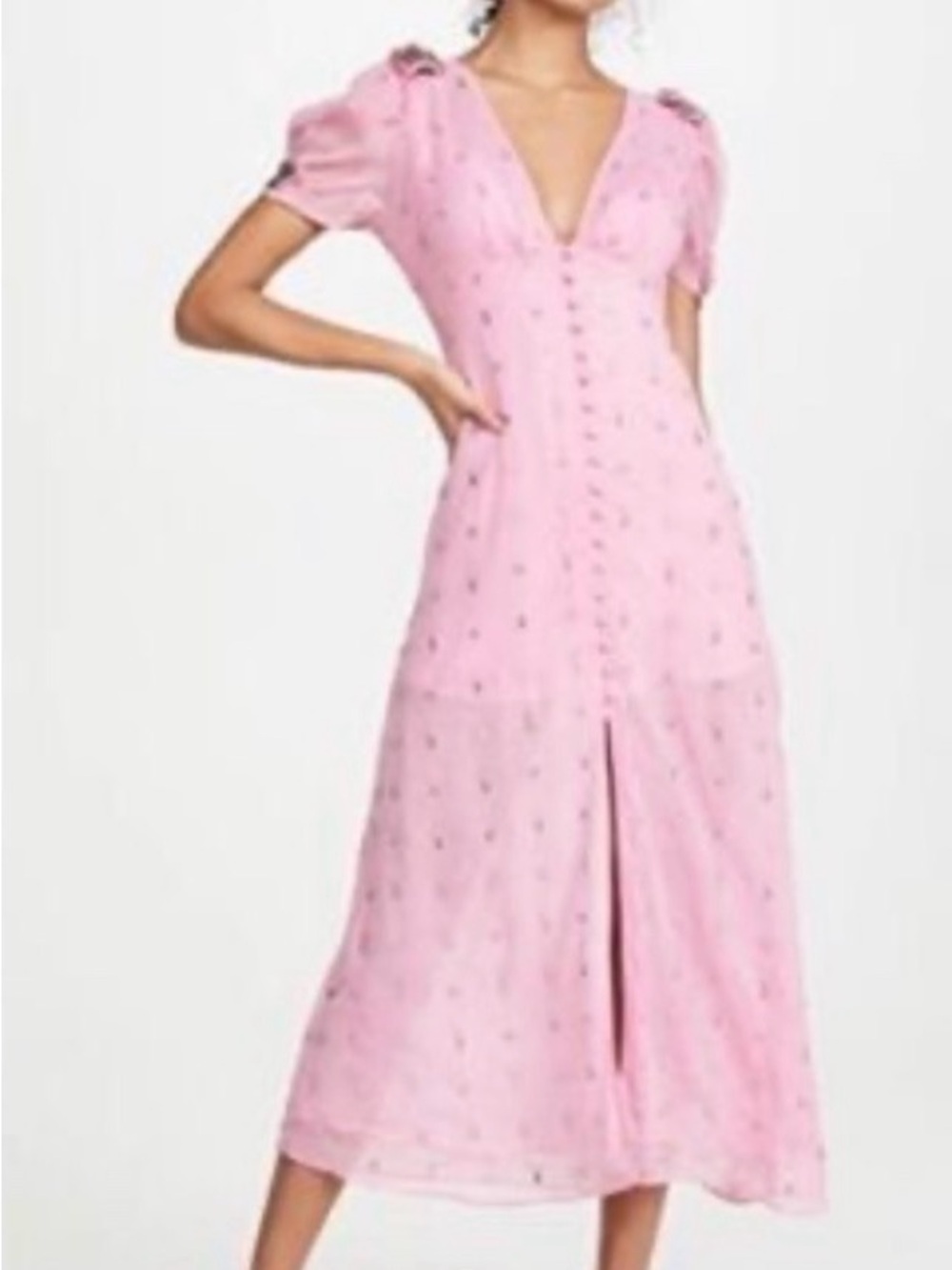 LoveShackFancy Pink Button-Front V-Neck Midi Dress